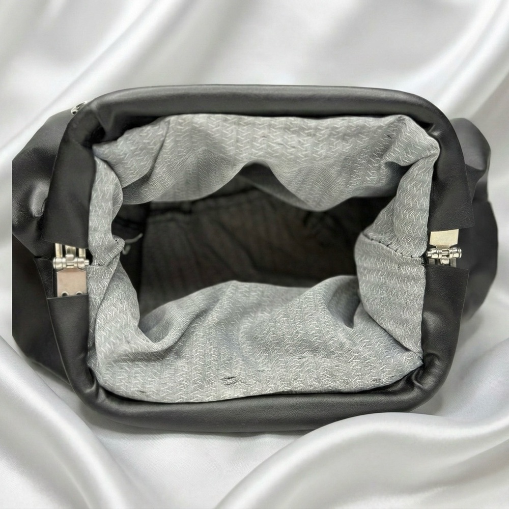 Black Ruched Top Handle Dumpling Bag Soft Vegan Leather Cloud Purse - Picture 5 of 7